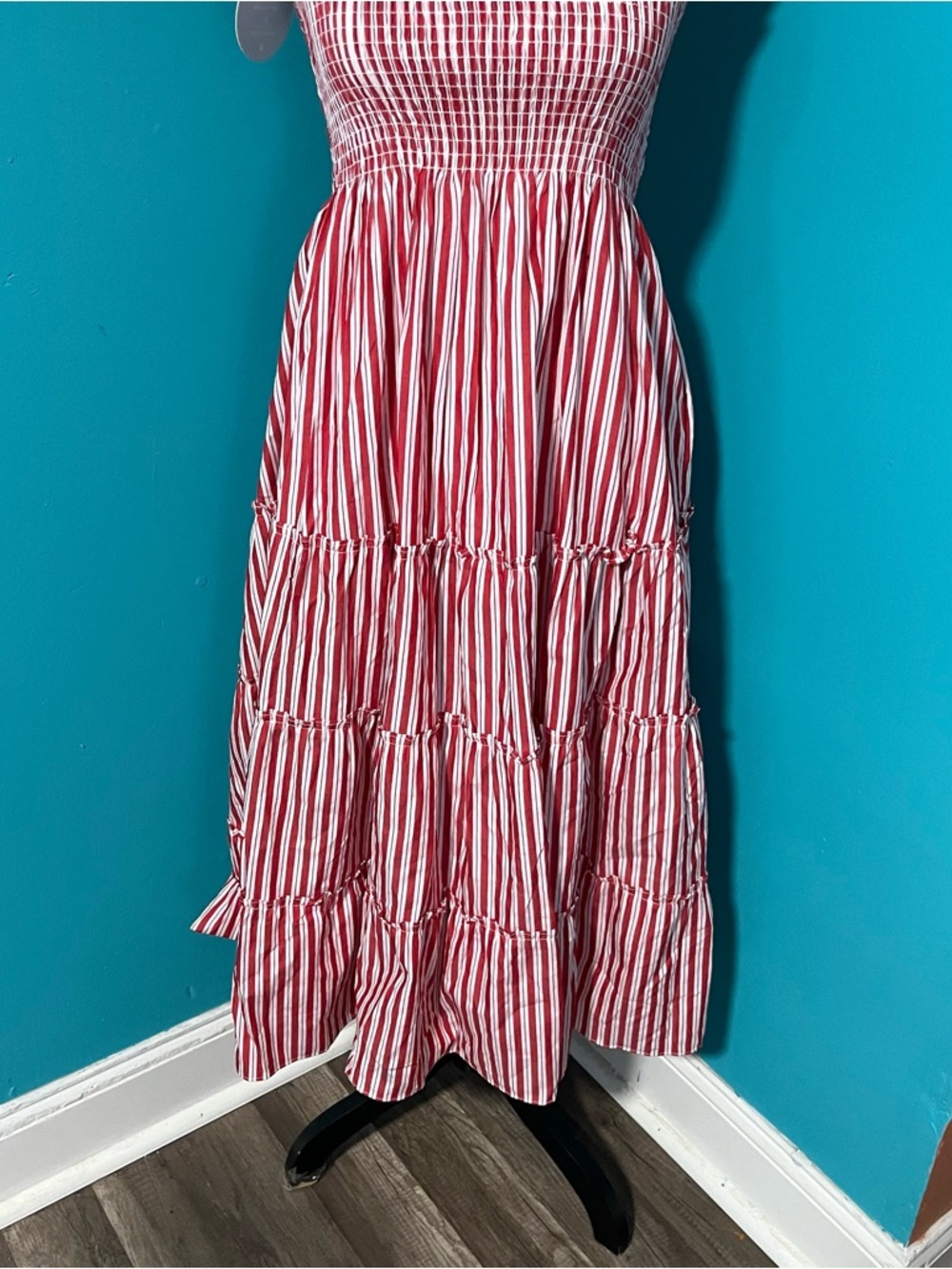 NWT Hill House S Red White Striped Ellie Nap Dress Tiered Ruffle Midi - Picture 6 of 8